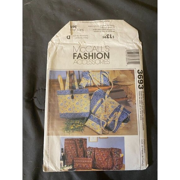 McCalls Sewing Pattern Purse Tote Handbag 3693 Fashion Accessories - Picture 1 of 2